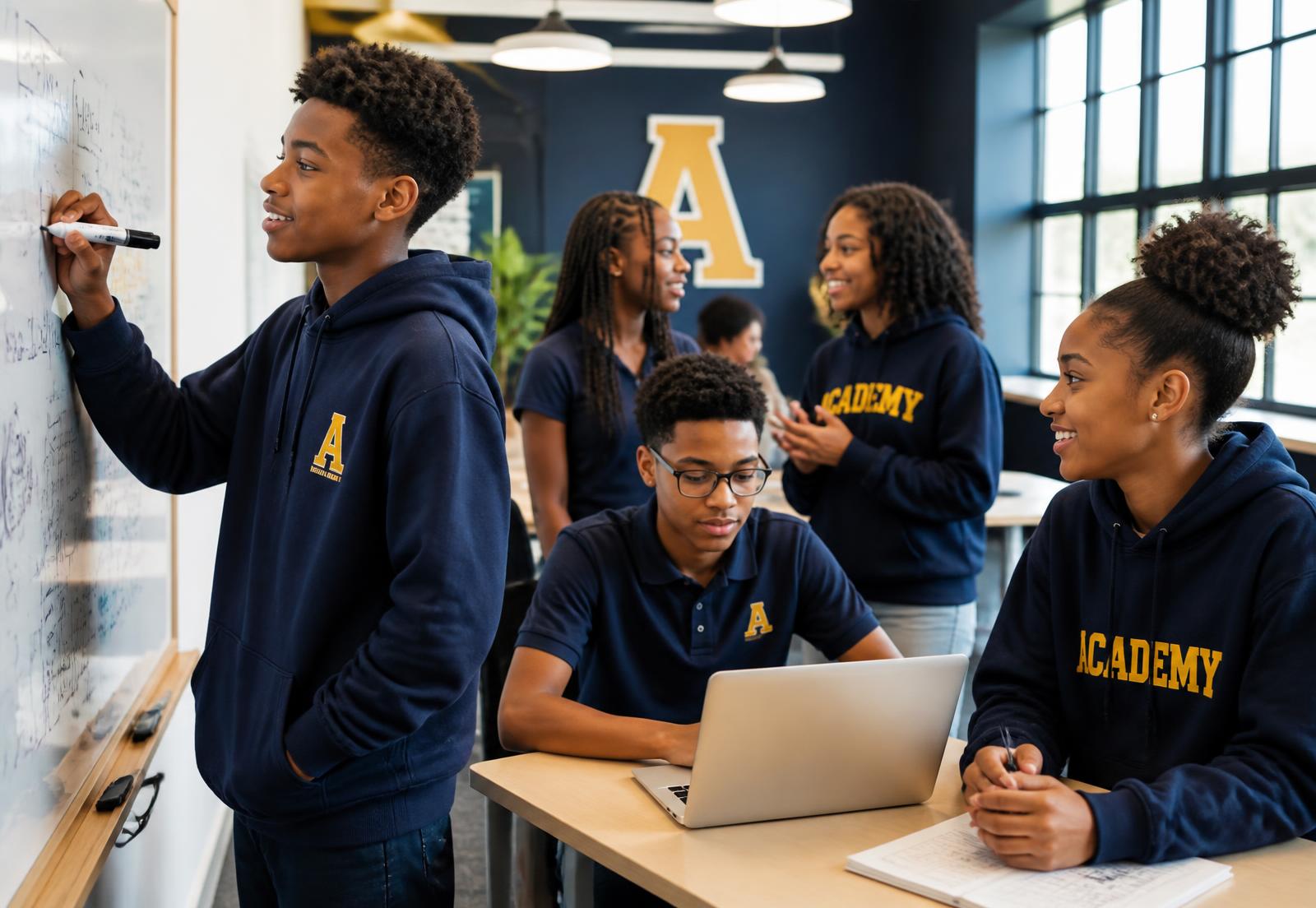 Confident teens collaborating at a whiteboard and laptop in a bright learning lab